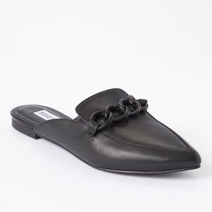 STEVE Madden Fluer Black Leather Chain Detail Pointed Toe Mules | Size 7